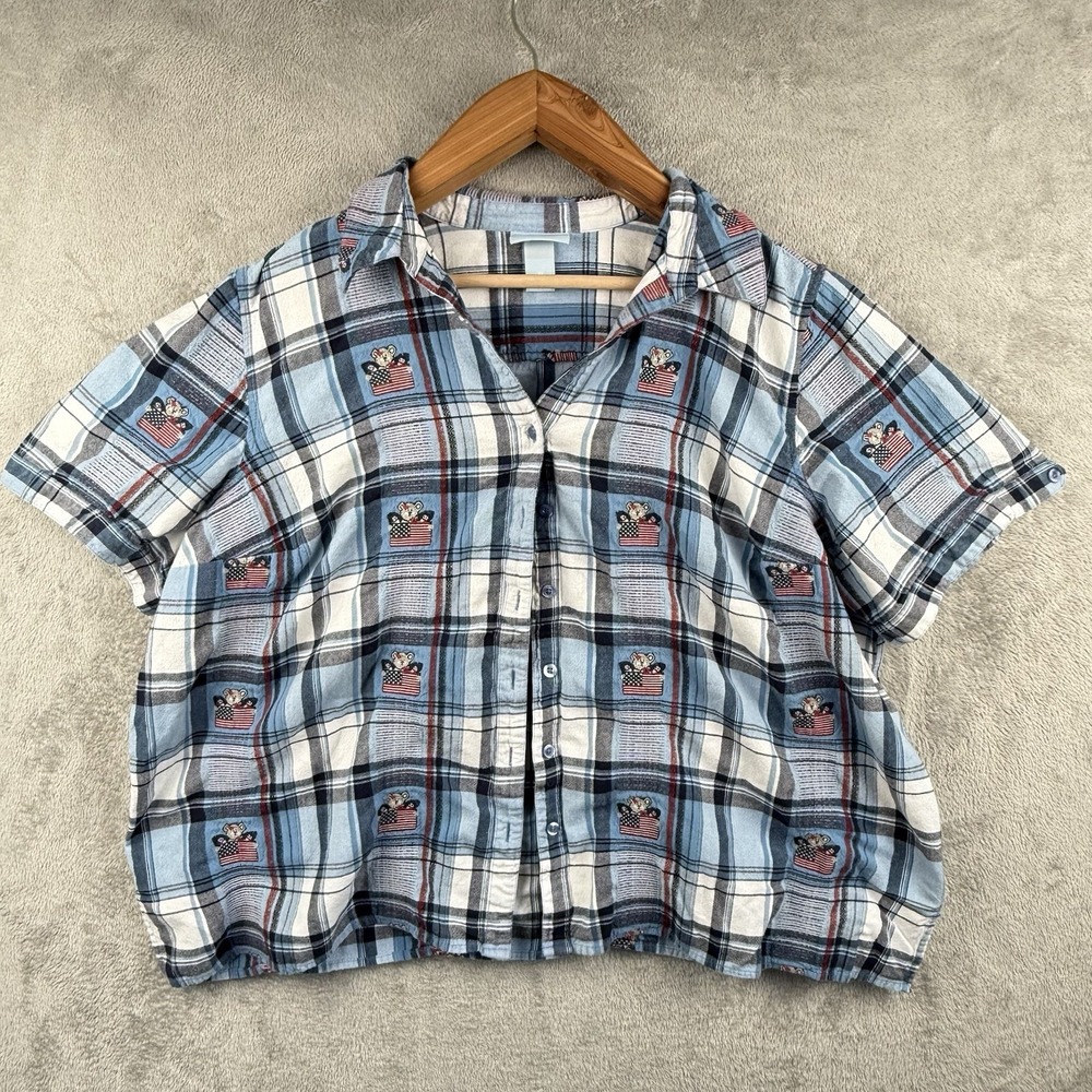 Liz & Me Top Womens 3X Plaid Embroidered Bear Flag Patriotic USA Button Up S/S